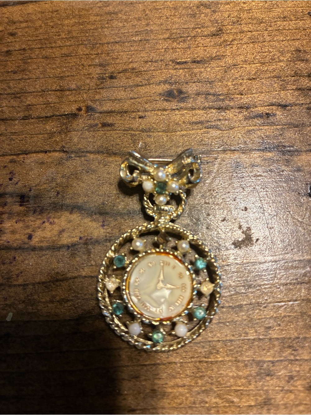 Gold-Tone Brooch Watch with Green and Cream Accents